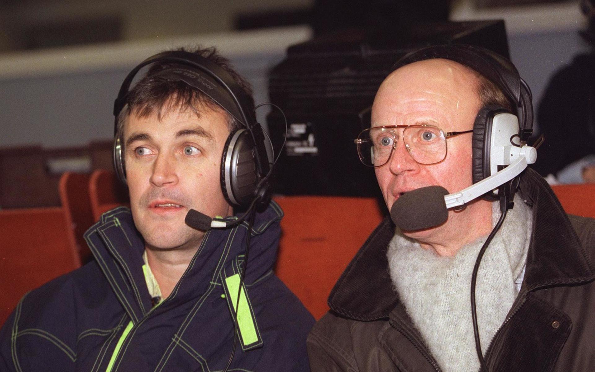 Ralf Edström och Thomas Simson, radarpar i radiohytten på Ullevi. Bilden tagen under en match i september 1996.