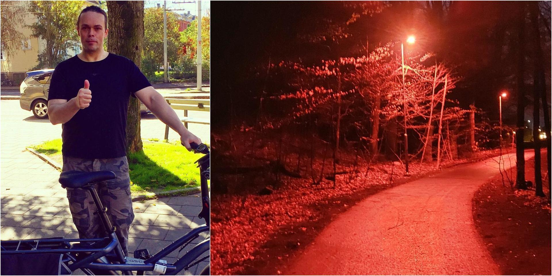 Alexander Reich tvingades gå av sin cykel när lamporna på cykelvägen tändes för sent.