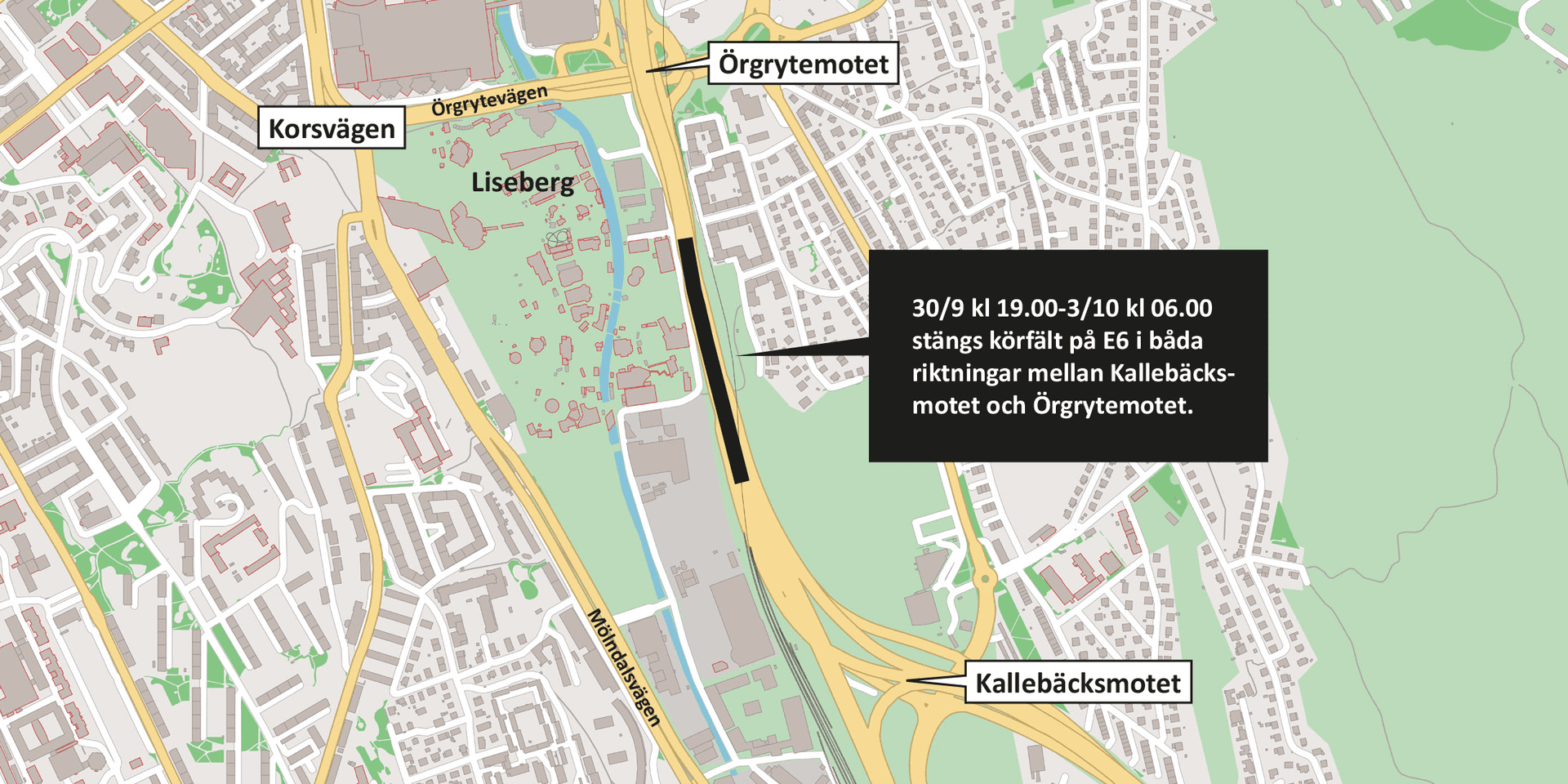 Från den 30 september klockan 19.00 till den 3 oktober klockan 06.00 kommer flera körfält mellan Kallebäcksmotet och Örgrytemotet stängas av. 