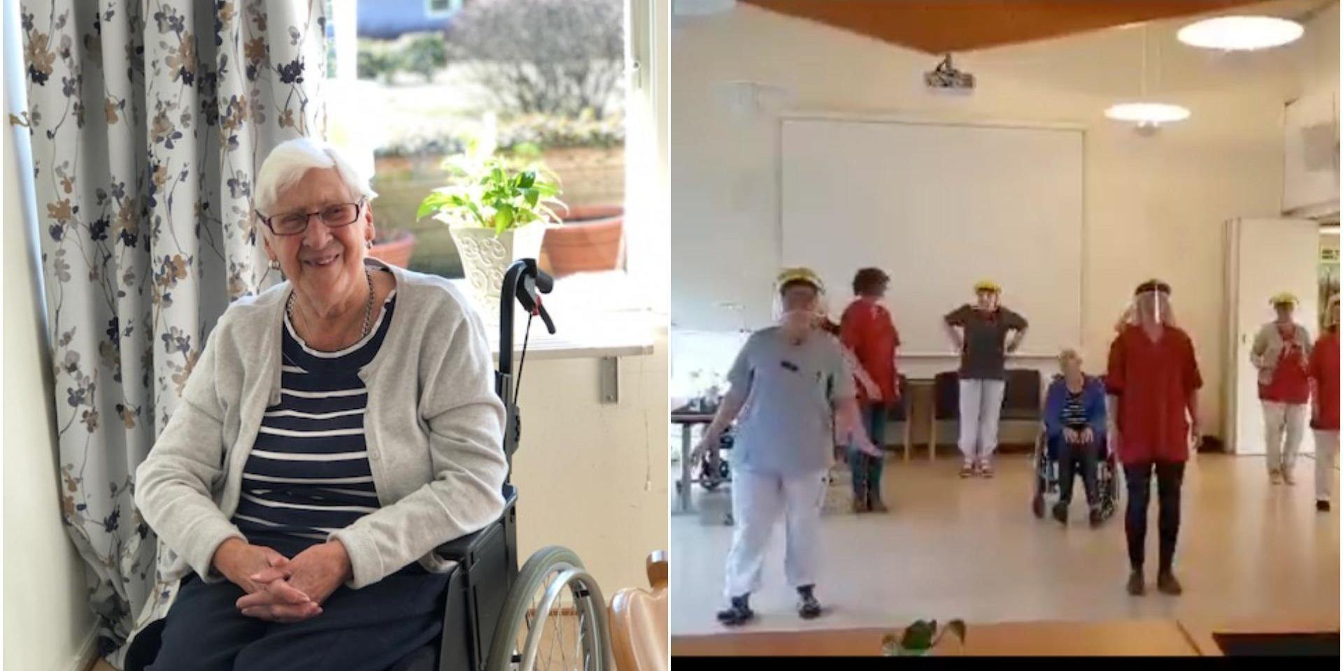När personalen på Brogårdens äldreboende skulle spela in dansvideon ville Solveig Karlsson vara med. Foto: Privat 