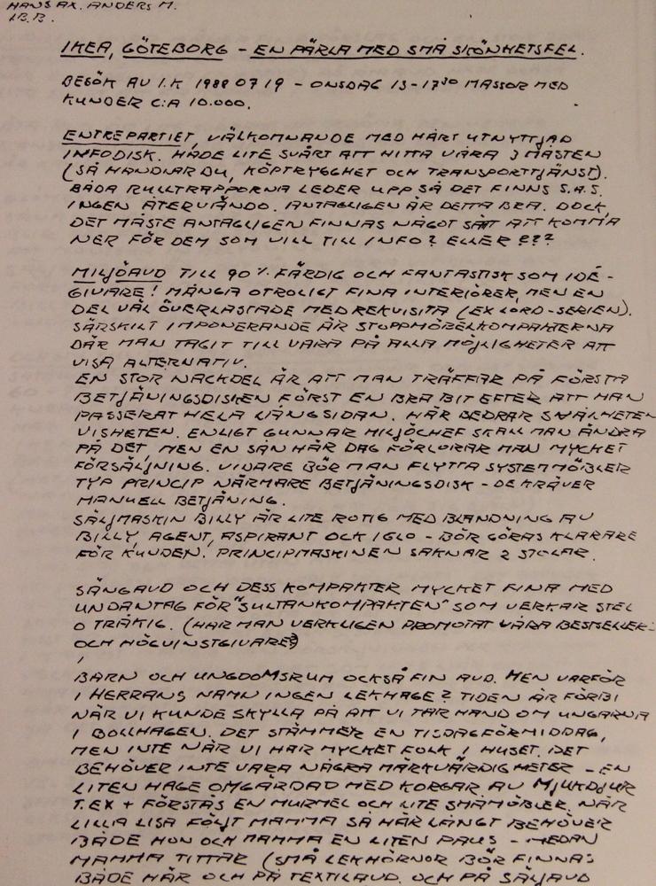 Ett handskrivet brev från Ingvar Kamprad efter ett besök 1988. 