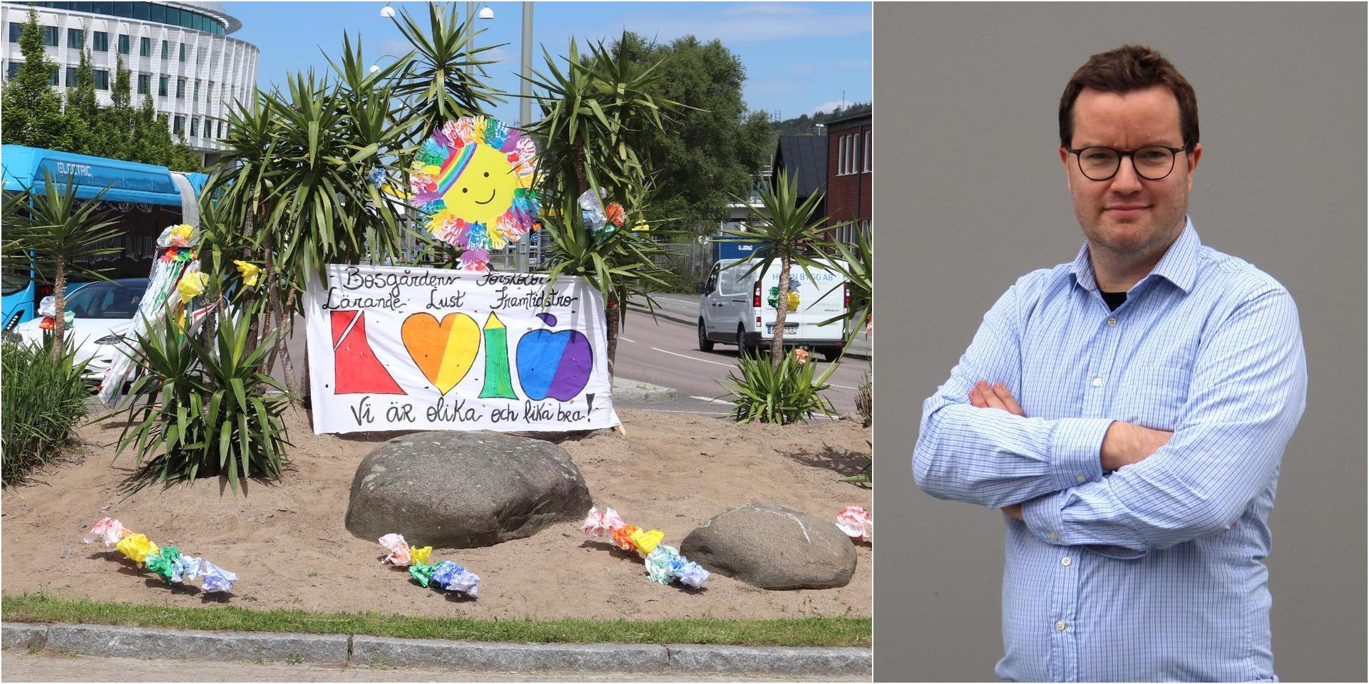 Pridesmyckningen av rondellen vid Baazgatan fick SD-ledaren att gå i taket, konstaterar Fredrik Hofflander.