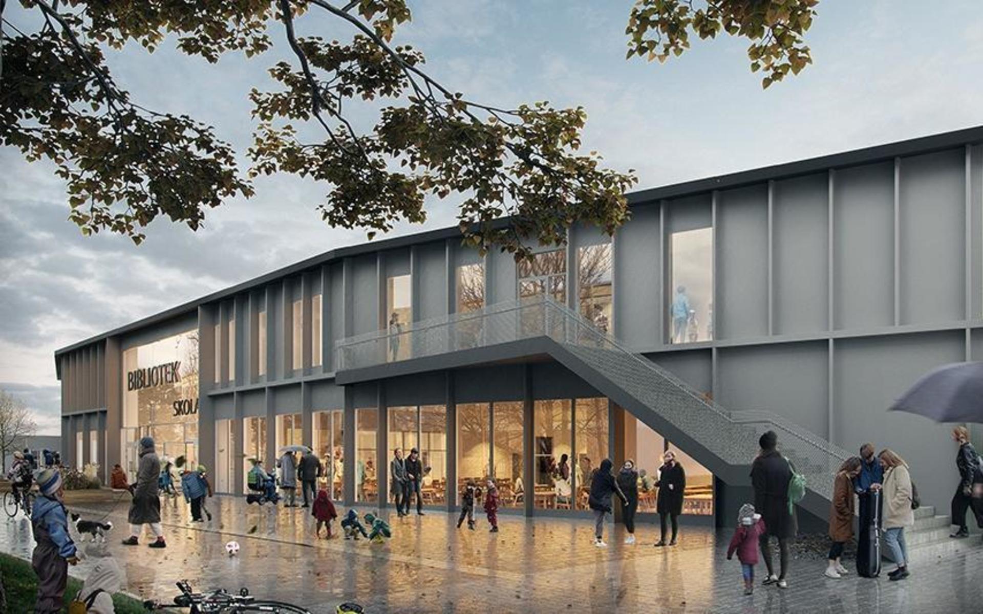 Här är en visionsbild över den nya skolbyggnaden, där även biblioteket ska ligga. Bild: Liljewall