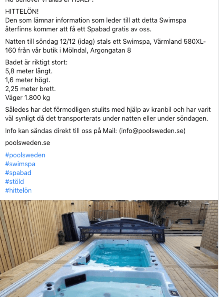 Gratis spa! Här är efterlysningen som fått många mölndalsbor att engagera sig i helgens spa-stöld från Åbro industriområde.
