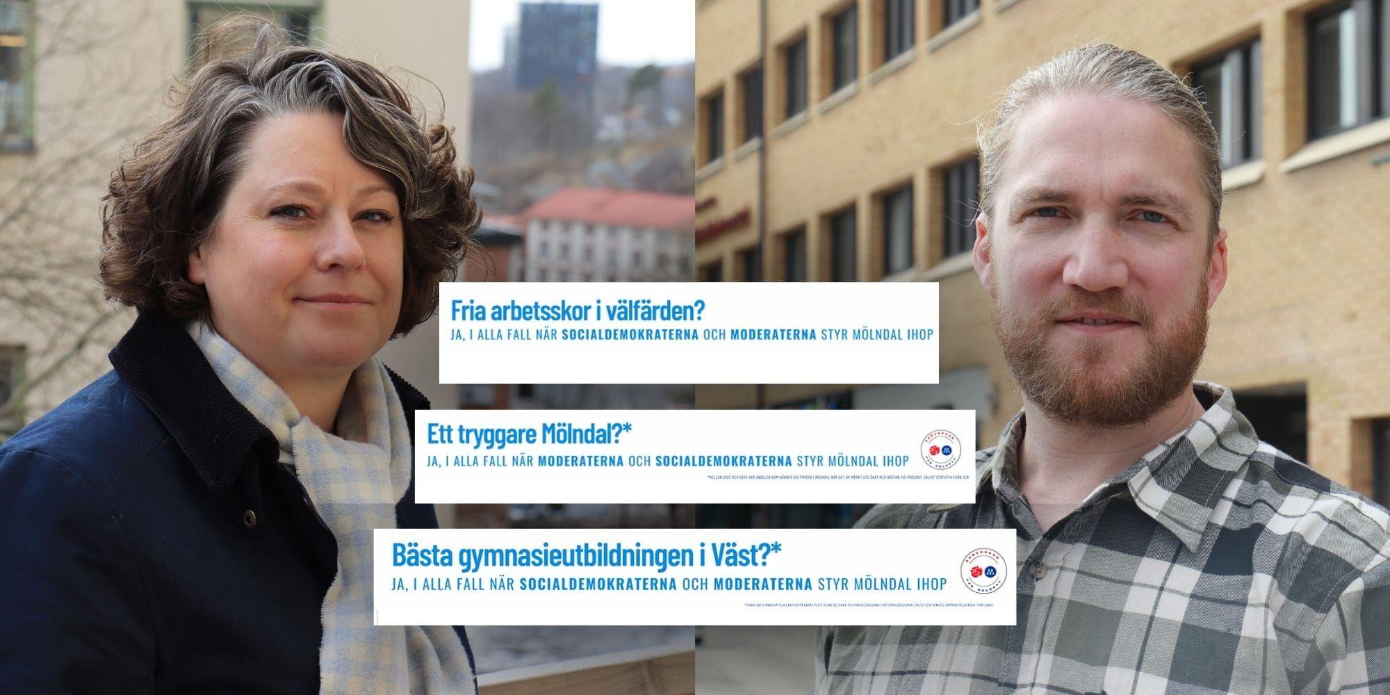 Bildmontage med en kvinna med halsduk och en man med skägg utomhus. I mitten syns blå text.